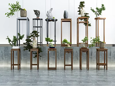 Various Stylish Plant Stands With Green Plants And Decorative Ornaments 3d model
