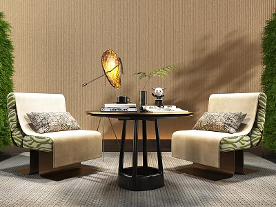 Leisure Sofa Set with Two Armchairs Round Side Table Lamp and Decorative Plants 3d model