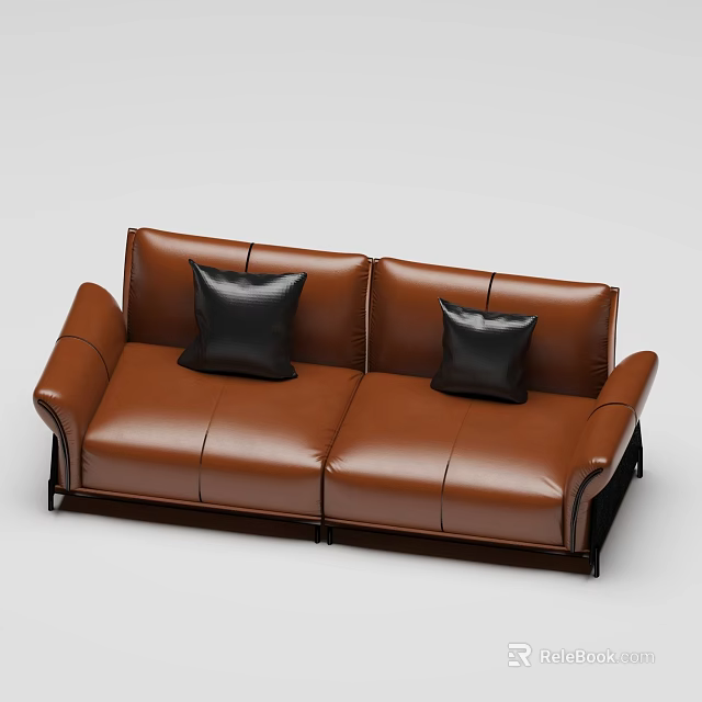 Brown Leather Two Seater Sofa With Black Cushions And Modern Design 3d model 