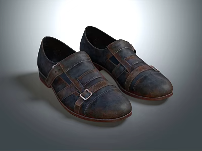 Vintage Leather Casual Shoes With Double Straps And Metal Buckles In Dark Brown Tone 3d model