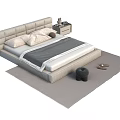 Modern Background Double Bed With Upholstered Headboard White Gray Bedding Nightstand Gray Rug Slippers Stool