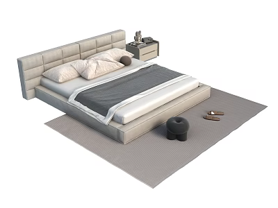 Modern Background Double Bed With Upholstered Headboard White Gray Bedding Nightstand Gray Rug Slippers Stool 3d model