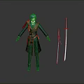 3D Character Model With Teal Hair Ornamental Outfit And Two Swords Sheathed Unsheathed