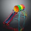 Outdoor Playground Equipment with Colorful Red Yellow Green Cylinders Blue Slide and Metal Ladder Frame