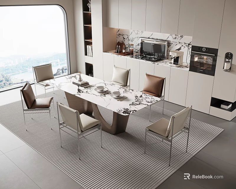 Modern Restaurant Interior With Large Window City View Marble Dining Table Chairs And Open Kitchen 3d model