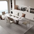 Modern Restaurant Interior With Large Window City View Marble Dining Table Chairs And Open Kitchen 3d model