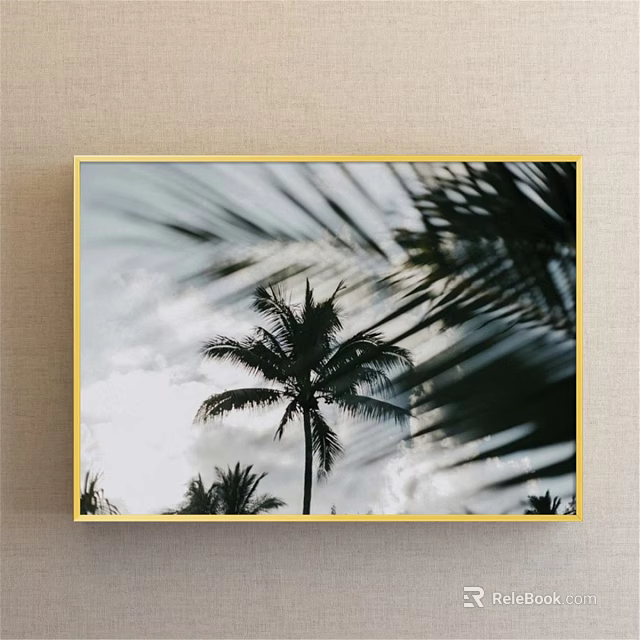 Botanical Palm Tree Painting With Yellow Frame And Cloudy Sky Background 3d model 