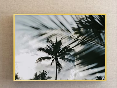 Botanical Palm Tree Painting With Yellow Frame And Cloudy Sky Background 3d model