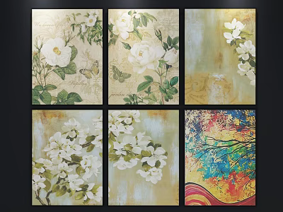 Set of Six Oil Paintings With White Flowers Green Leaves and Colorful Abstract Tree 3d model
