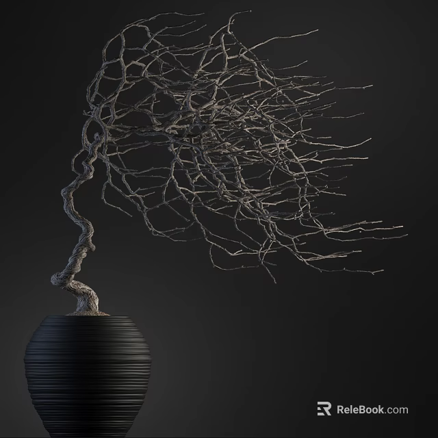 Bonsai Plant With Twisted Leafless Branches In Black Textured Pot Against Dark Background 3d model 