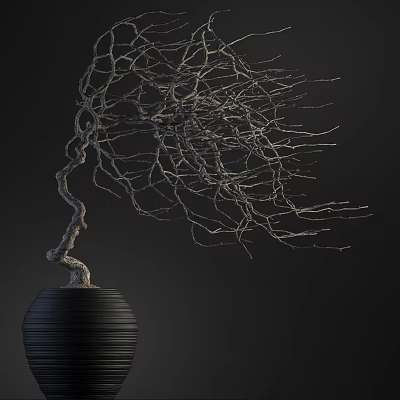 Bonsai Plant With Twisted Leafless Branches In Black Textured Pot Against Dark Background 3d model
