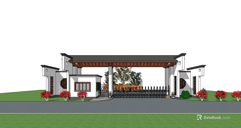 Classic Chinese Style Entrance Gate With Traditional Eaves Side Buildings Front Greenery And Red Flowers 3d model 