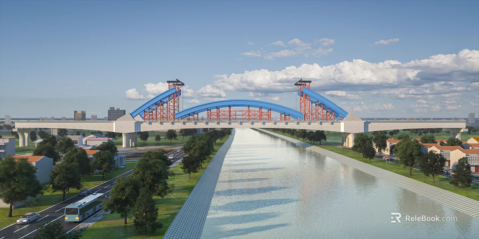 Modern Blue Arched Steel Bridge Spanning Urban Canal With Lush Green Surroundings Under Sunny Sky 3d model 