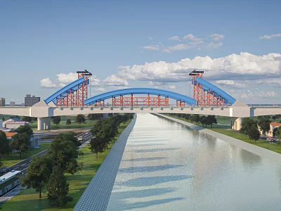 Modern Blue Arched Steel Bridge Spanning Urban Canal With Lush Green Surroundings Under Sunny Sky 3d model