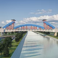 Modern Blue Arched Steel Bridge Spanning Urban Canal With Lush Green Surroundings Under Sunny Sky