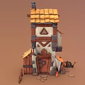 Cartoon Style Building Scene With Wooden Door Decorations And Items