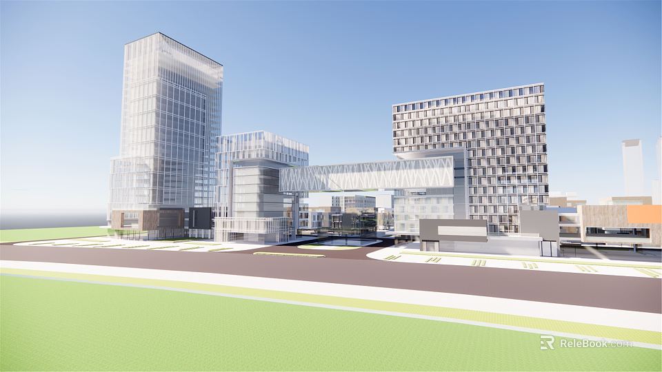 Modern Office Complex With Glass Facades Connected Buildings Road And Green Surroundings 3d model 