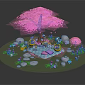 Cartoon Scene Featuring Pink Cherry Blossom Tree Picnic Blanket Baskets Stone Path And Flowers