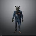 Person In Blue Jumpsuit With Wolf Head Mask And Yellow Eyes Horror Costume