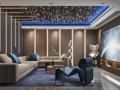 Elegant Home Theater Room With Wooden Walls Comfortable Sofa Large Screen TV And Decorative Lights 3d model