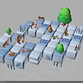 Green Christmas Tree Plants in Wintery 3D Scene with Snow Blocks Gifts Candy Canes Snowmen