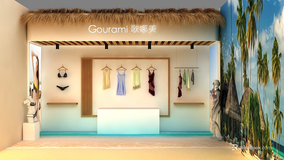 Gourami Vacation Style Clothing Store Featuring Hanging Dresses Bikini Island Counter And Beach Decor 3d model 