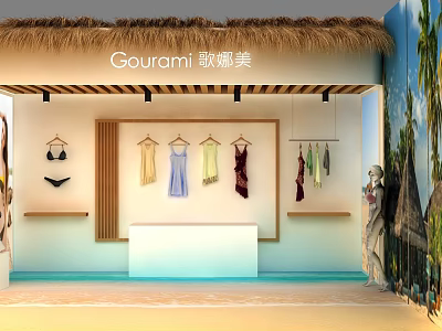 Gourami Vacation Style Clothing Store Featuring Hanging Dresses Bikini Island Counter And Beach Decor 3d model