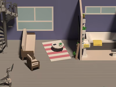 Cartoon Scene With Spiral Staircase Blue Walls Windows Armchair Striped Rug Small Table Plant 3d model