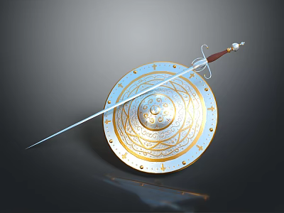 Medieval Weapon Featuring Ornate Sword Placed On Golden Blue Decorated Shield 3d model