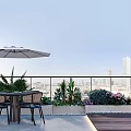 Roof Garden Outdoor Seating With Lush Greenery City Skyline And Wooden Flooring