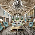 Luxurious Sales Office Interior With Arched Windows Chandeliers Wooden Ceiling And Furniture