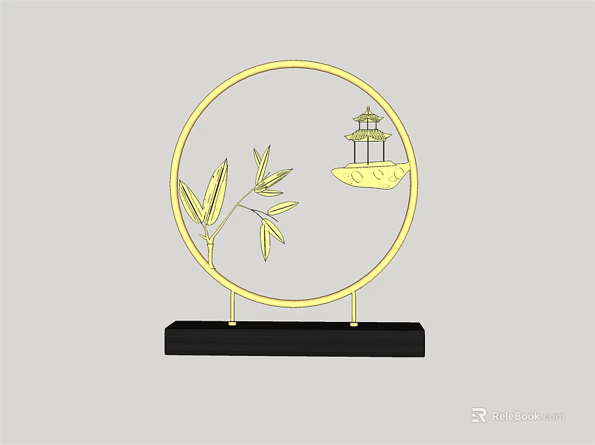 Decorative Ornament Set with Golden Circular Frame Bamboo Leaves Small Pavilion and Black Base 3d model 