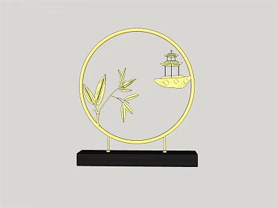 Decorative Ornament Set with Golden Circular Frame Bamboo Leaves Small Pavilion and Black Base 3d model
