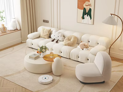 Modern White Sofa and Coffee Table Set With Plush Cushions and Round Table 3d model