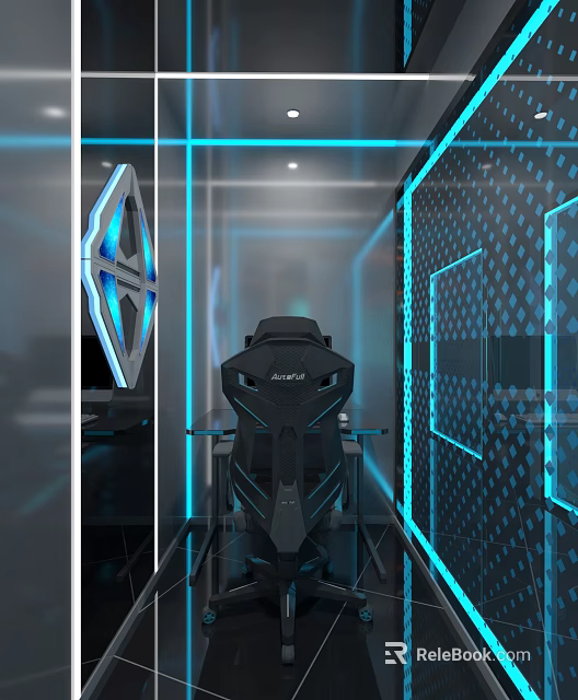Modern Tech Style Cyber Café With Gaming Chairs High Performance PCs Blue LED Lighting 3d model 