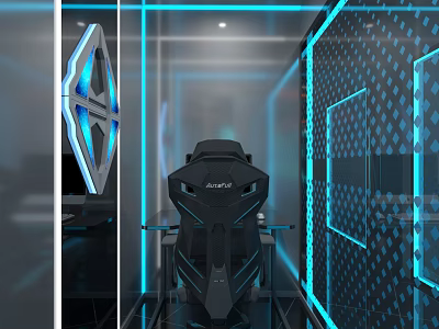 Modern Tech Style Cyber Café With Gaming Chairs High Performance PCs Blue LED Lighting 3d model