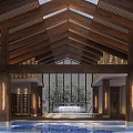 Relaxing Shower Sauna Spa With Vaulted Wooden Ceiling And Circular Hot Tub