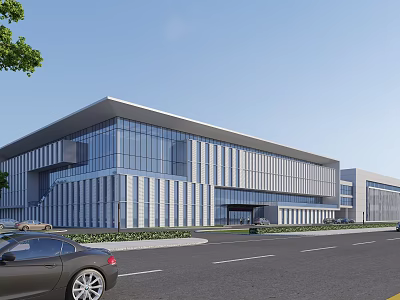 Modern Industrial Factory Building With Glass Curtain Walls Metal Panels Entrance Area And Roadside Greenery 3d model
