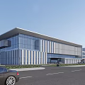 Modern Industrial Factory Building With Glass Curtain Walls Metal Panels Entrance Area And Roadside Greenery