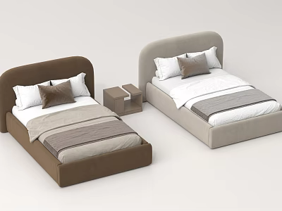 Modern Single Beds Design In Brown And Light Gray With Nightstands Pillows And Bedding 3d model