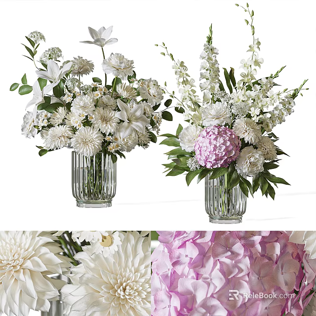 Elegant Glass Vases With White And Pink Flower Arrangements For Home Decor 3d model 