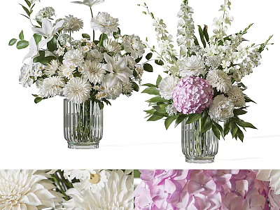 Elegant Glass Vases With White And Pink Flower Arrangements For Home Decor 3d model