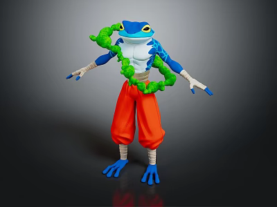 Blue Frog With White Accents Standing In Orange Pants Wrapped In Green Vine Toy Figure Design 3d model