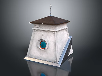 Small White Tower Structure With Circular Window Blue Red Frame Brown Roof And Spire 3d model