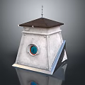 Small White Tower Structure With Circular Window Blue Red Frame Brown Roof And Spire