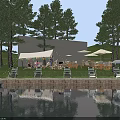 Aerial View Planning of Riverside Outdoor Recreational Space With Trees Grass Umbrellas Tables and Waterfront