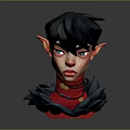 Fantasy Elf Character With Black Hair Red Eyes And Feather Collar In 3D Render