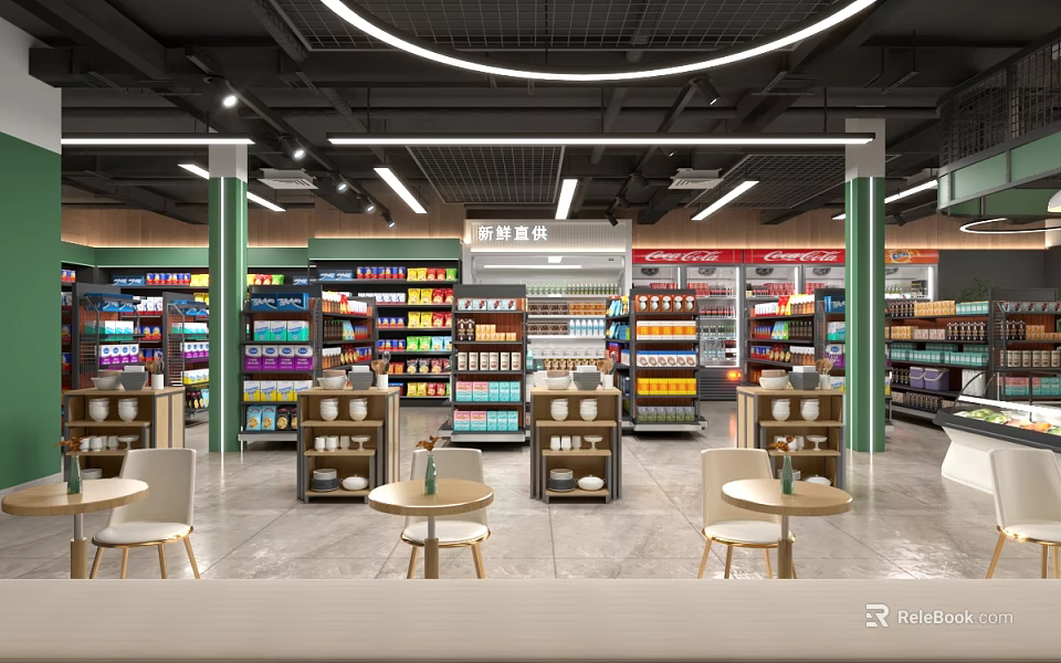 Supermarket Department Store Bright Interior With Well Arranged Shelves Various Products And Comfortable Seating 3d model 