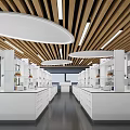 Modern Laboratory Interior With White Benches Wooden Ceiling Circular Lights And Cabinets