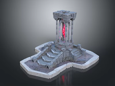 Ancient Stone Tower with Red Glowing Center and Surrounding Stone Steps 3d model